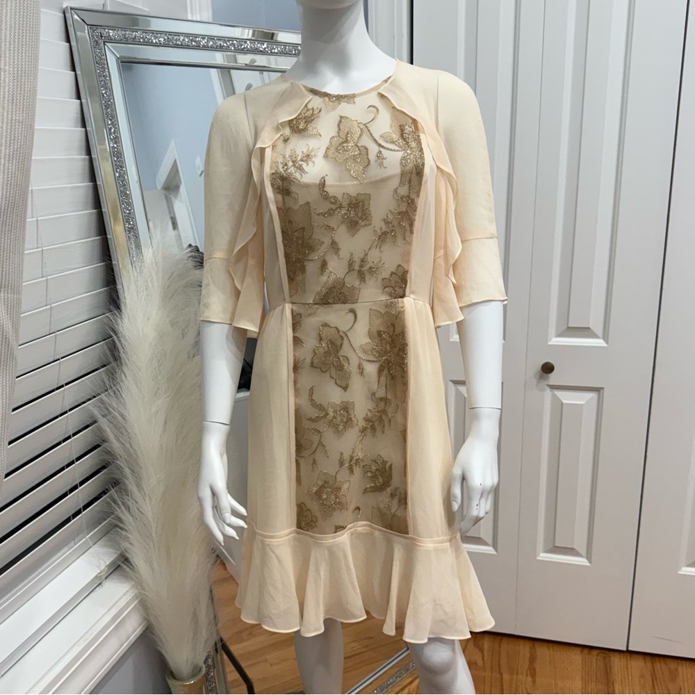 BCBGMaxAzria Cream and Gold Midi Dress